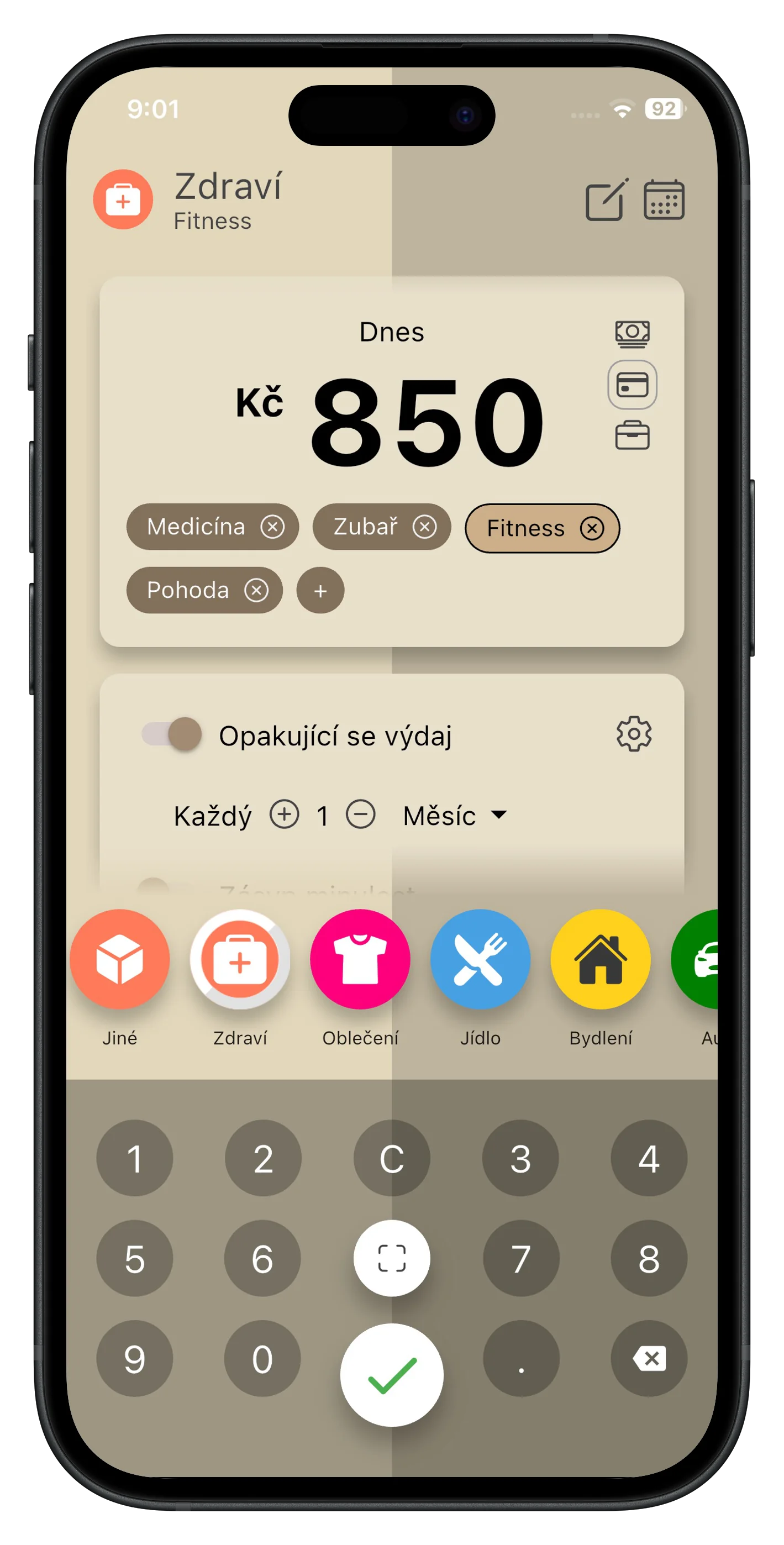 Přidat výdaj se skenováním účtenky a kategoriemi