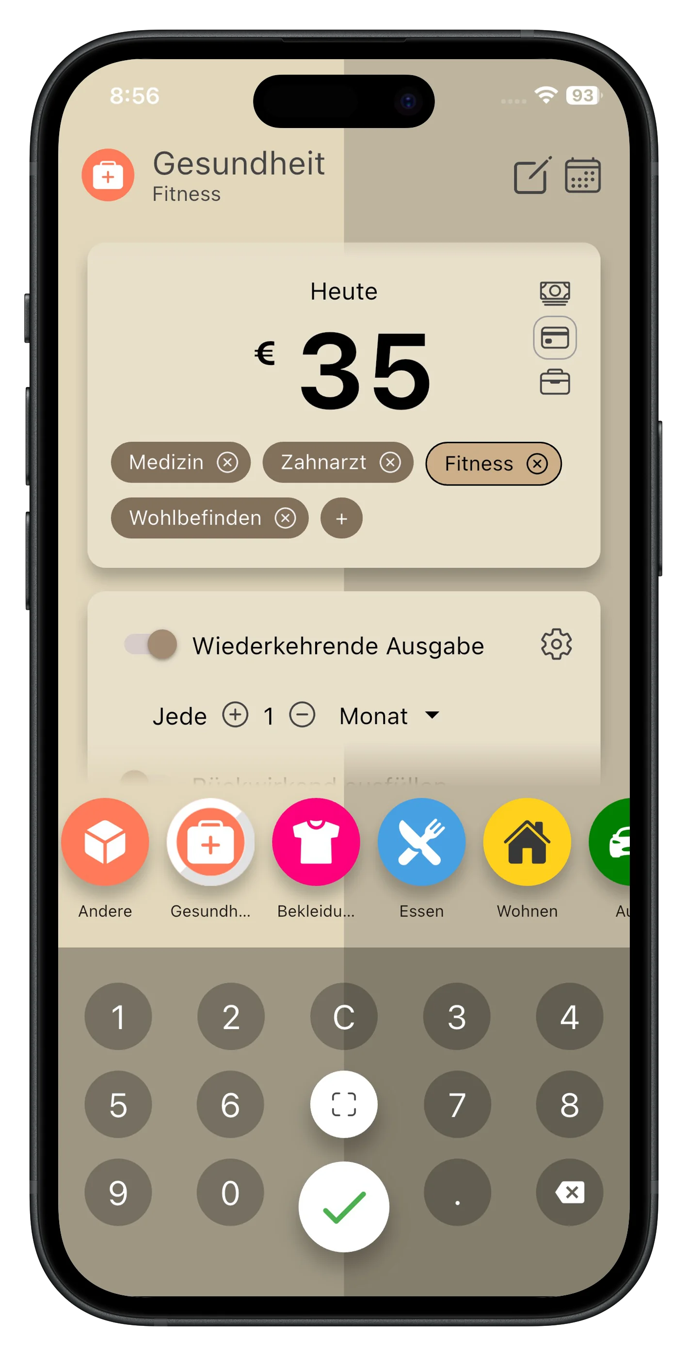 Ausgabe hinzufügen mit Belegscan und Kategorien