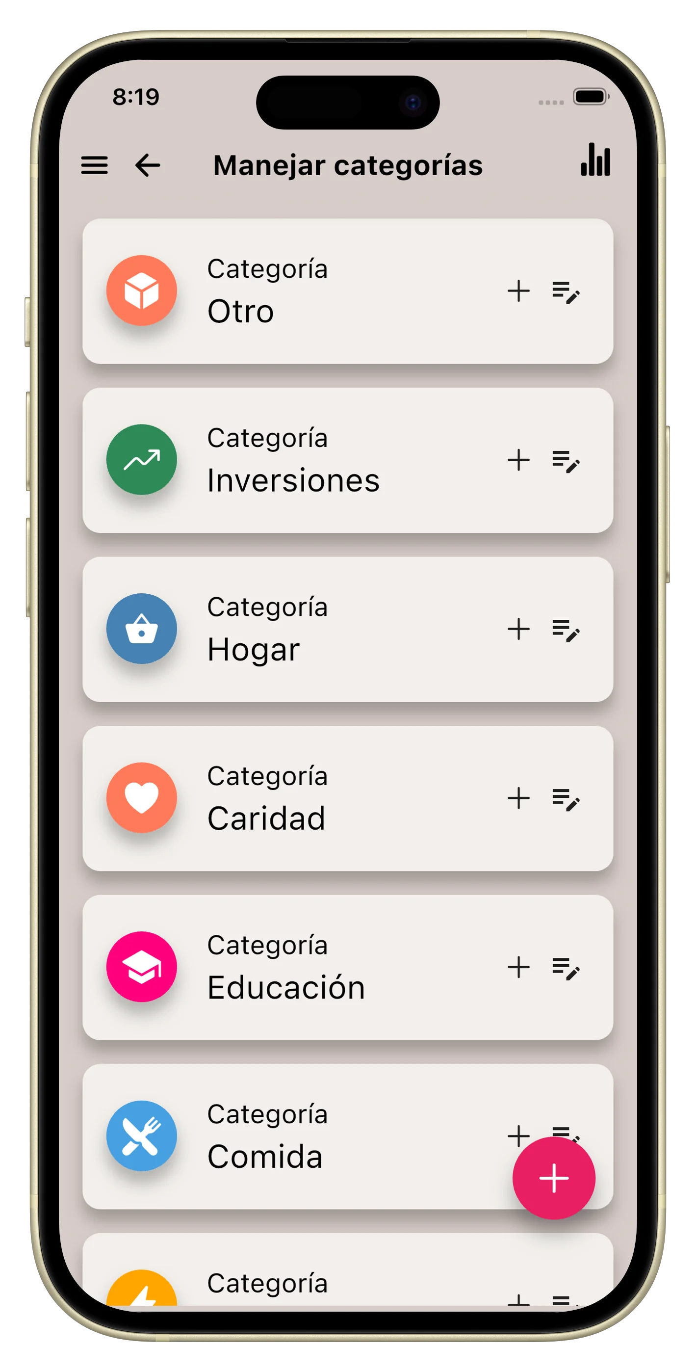 Categorías personalizadas con colores e iconos
