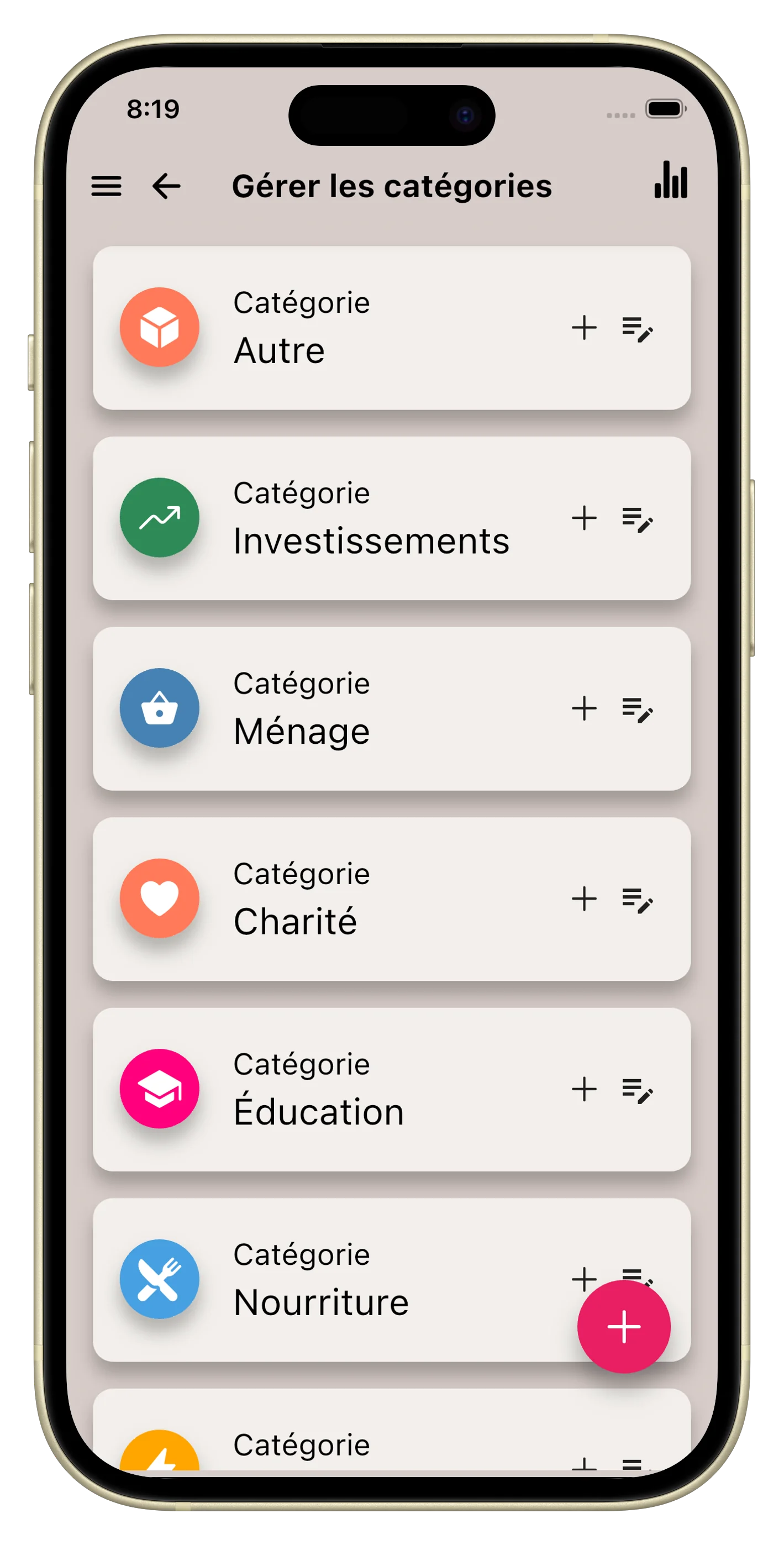 Catégories personnalisées avec couleurs et icônes