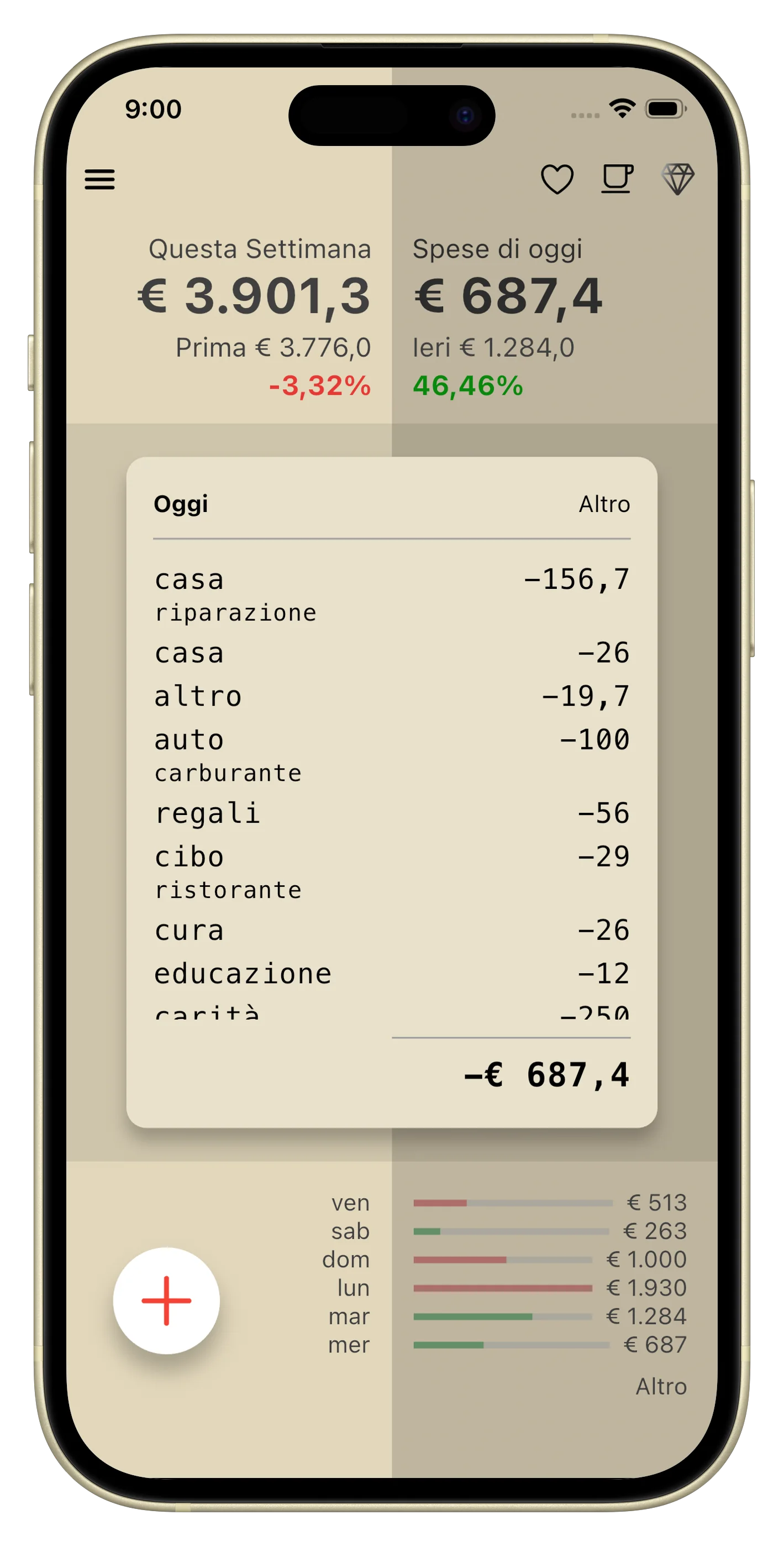 Dashboard - spese giornaliere e statistiche