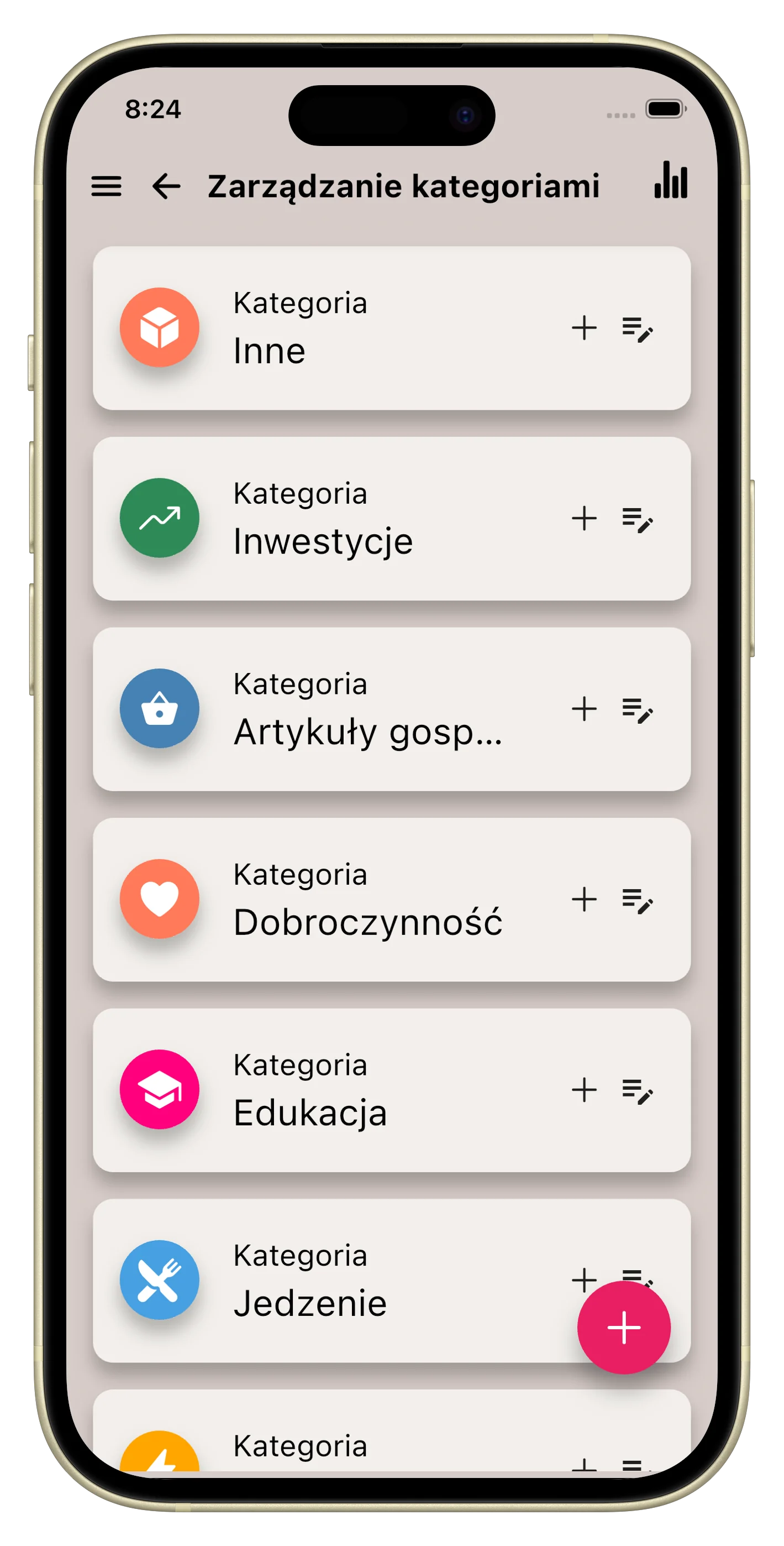 Kategorie niestandardowe z kolorami i ikonami